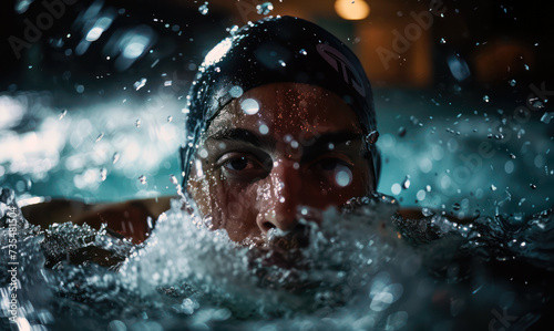 Competitive swimmer in action with intense focus and water splash