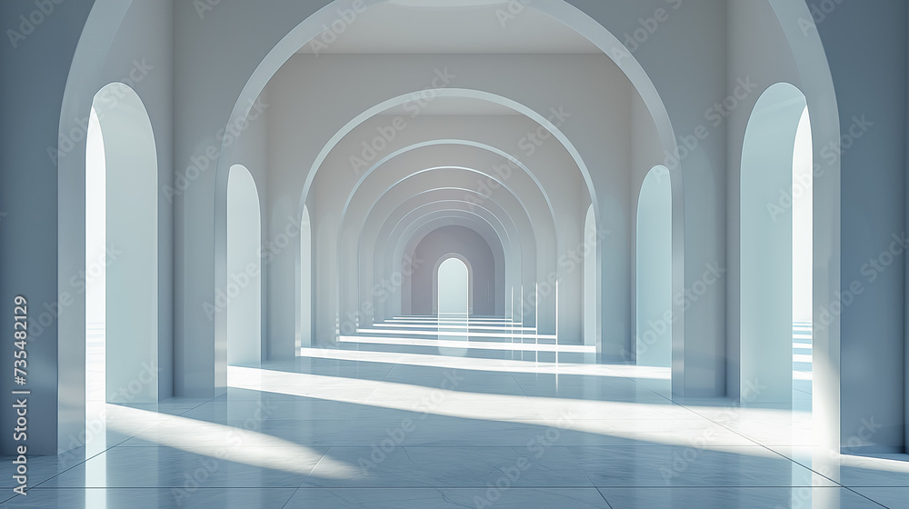Gallery with arches and columns in a white palace illuminated by the rays of sun. Gallery with arches and columns in a white palace illuminated by the rays of sun.