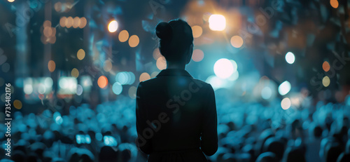 Woman enjoying outdoor music concert with lively crowd