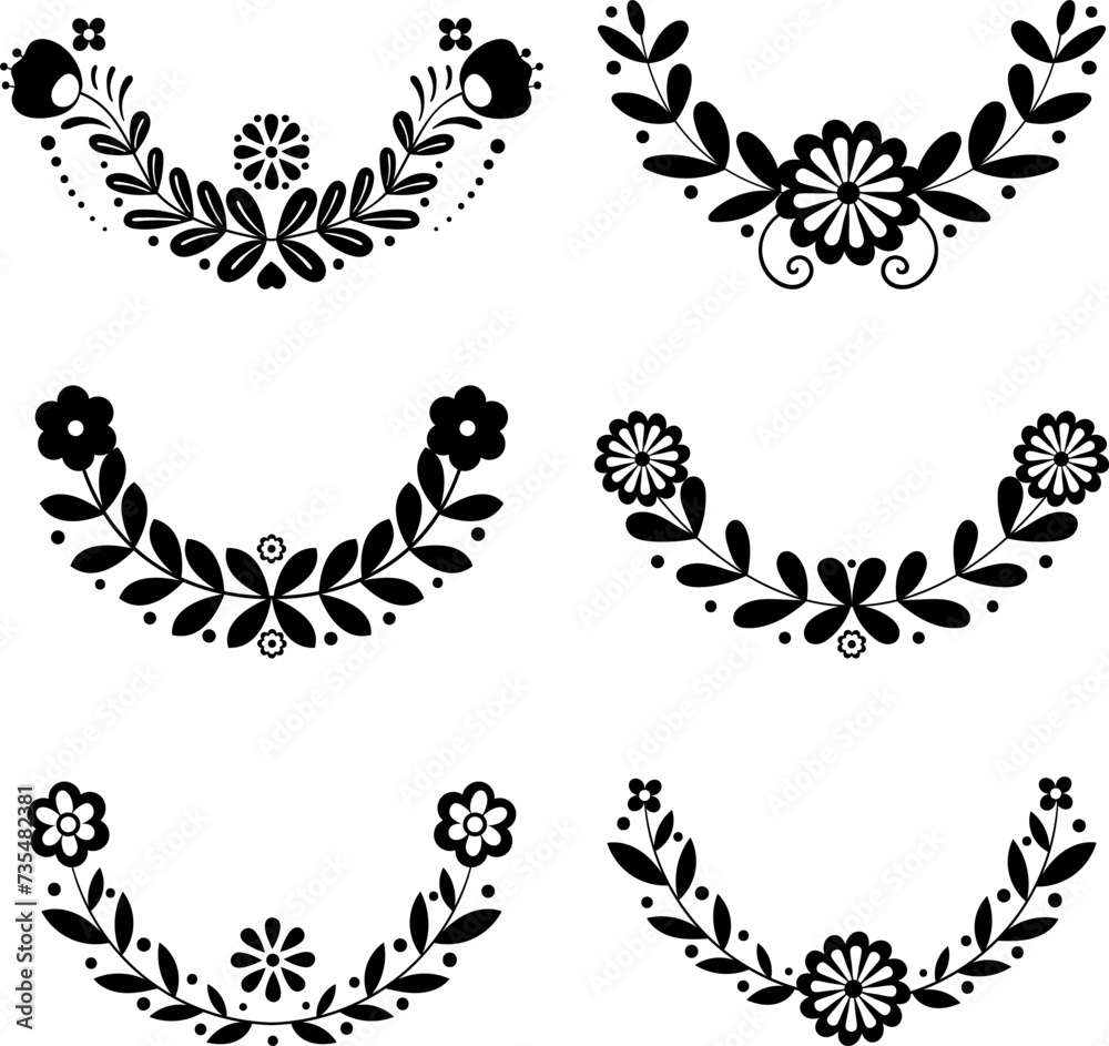 Set of decorative black and white folk floral vignette elements. Half circle branch. Cup shape floral motifs frame