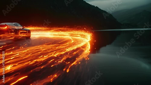 A closeup shot of a car braking and then accelerating around a bend leaving a fiery trail of light in its wake. The smooth movements of the car against the stillness of the photo