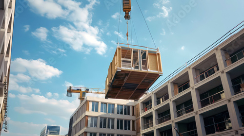 Crane lifting modular construction unit against blue sky