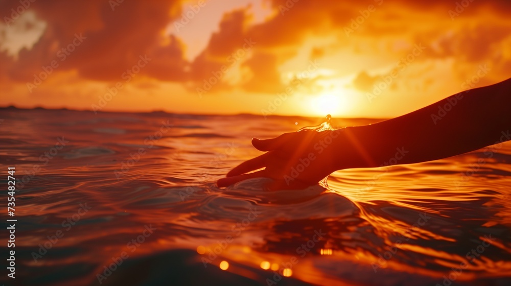 A female hand touching the ocean water in front of a beautful sunset during summer time.