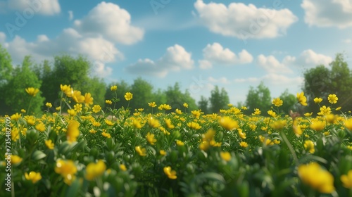 A beautiful field of yellow buttercup flowers blooming in the evening sunlight with green trees and puffy white clouds in the blue sky for Spring background.