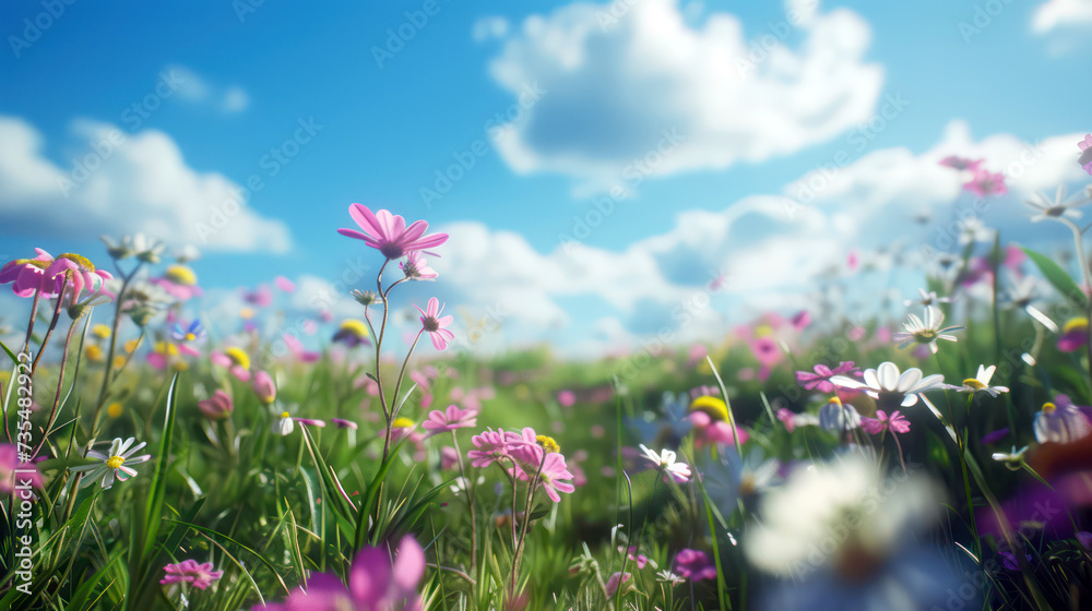 Picturesque view of vibrant flower field with sun shining through Picturesque view of vibrant flower field with sun shining through
