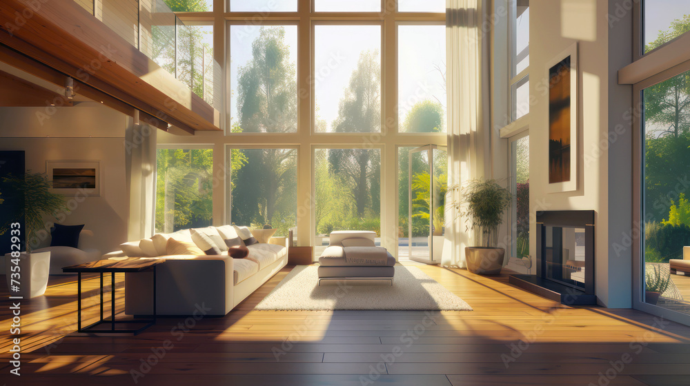 Fototapeta premium Spacious living room with large windows and natural light