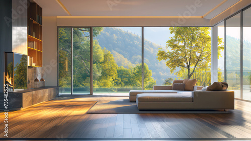 Spacious living room with large windows and natural light