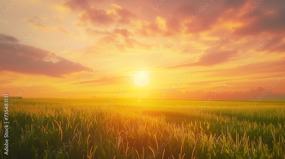 Beautiful sunset over the green large corn field