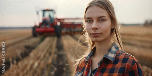 Portrait of Young Farmer Woman in autumn Field with Tractor. Confident female farmer in front of harvesting equipment on a harvested countryside field.