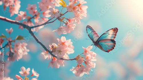 Blossoming sakura. branch of blossoming sakura and bright blue morpho butterfly against blue sky. copy space photo