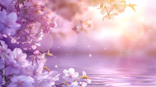 Cherry blossom over purple sunset, abstract natural background, pink sunrise, branch of blooming fruit tree, natural border, spring season, fresh apple flowers