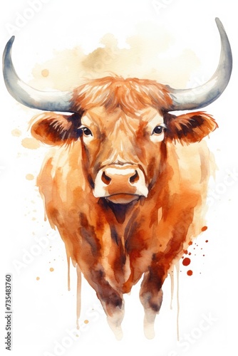 watercolor bullock, ox drawing with paints. art illustration of a wild animal on a white background. drops and splashes.