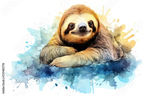 watercolor sloth drawing with paints. art illustration of a wild animal on a white background. drops and splashes.