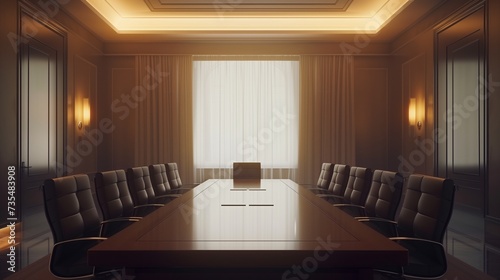 High level meeting of excutive room is decorated with stylish table and chairs around, conference room is ready for next level of executive meeting. photo