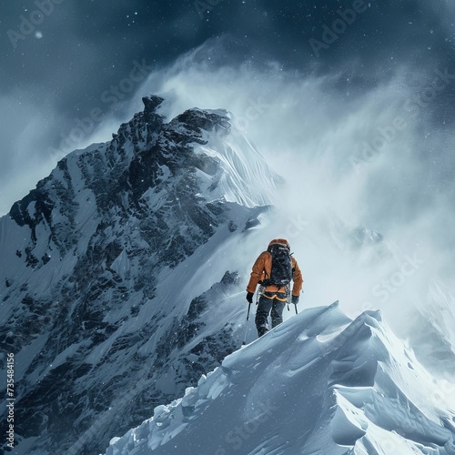 A man climbs mountain in a snowstorm photo