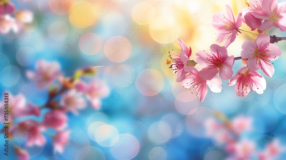 Pink cherry blossoms in full bloom during springtime and Easter set against a blue, yellow, and white bokeh background of a naturally blurred garden banner.