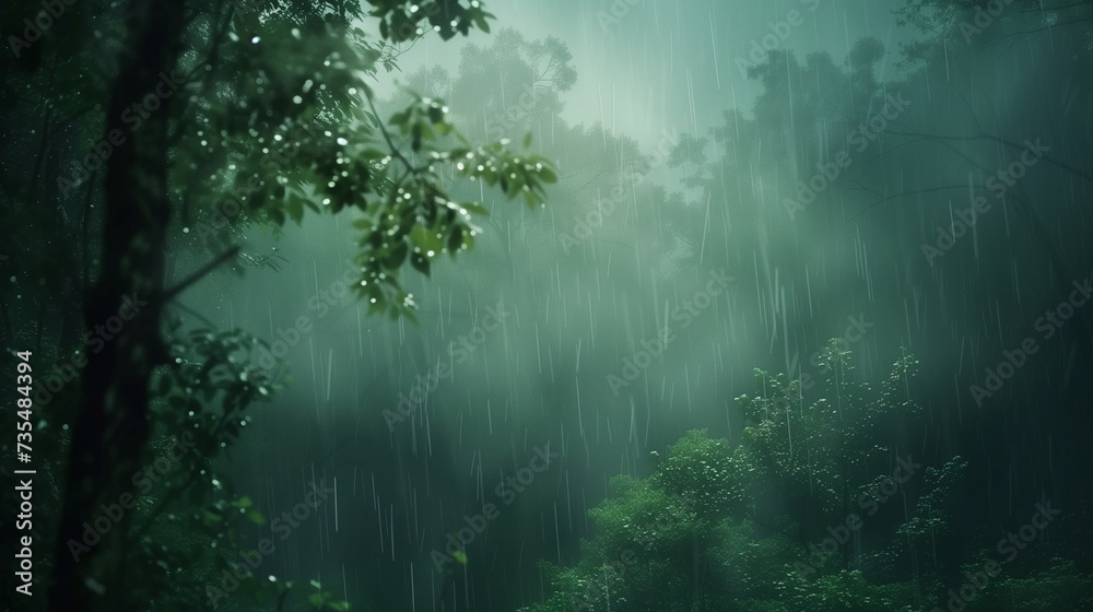 Rainy day in Natural green misty forest