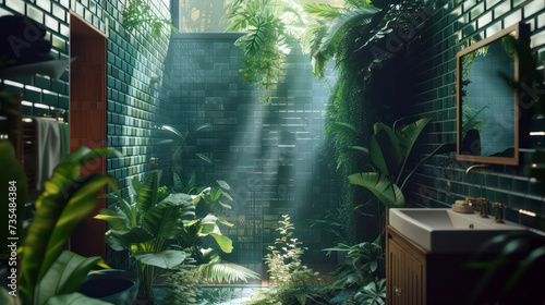 Lush green plants in a stylish modern bathroom interior with tropical decor