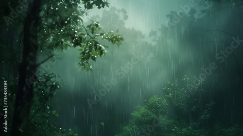 Rainy day in Natural green misty forest
