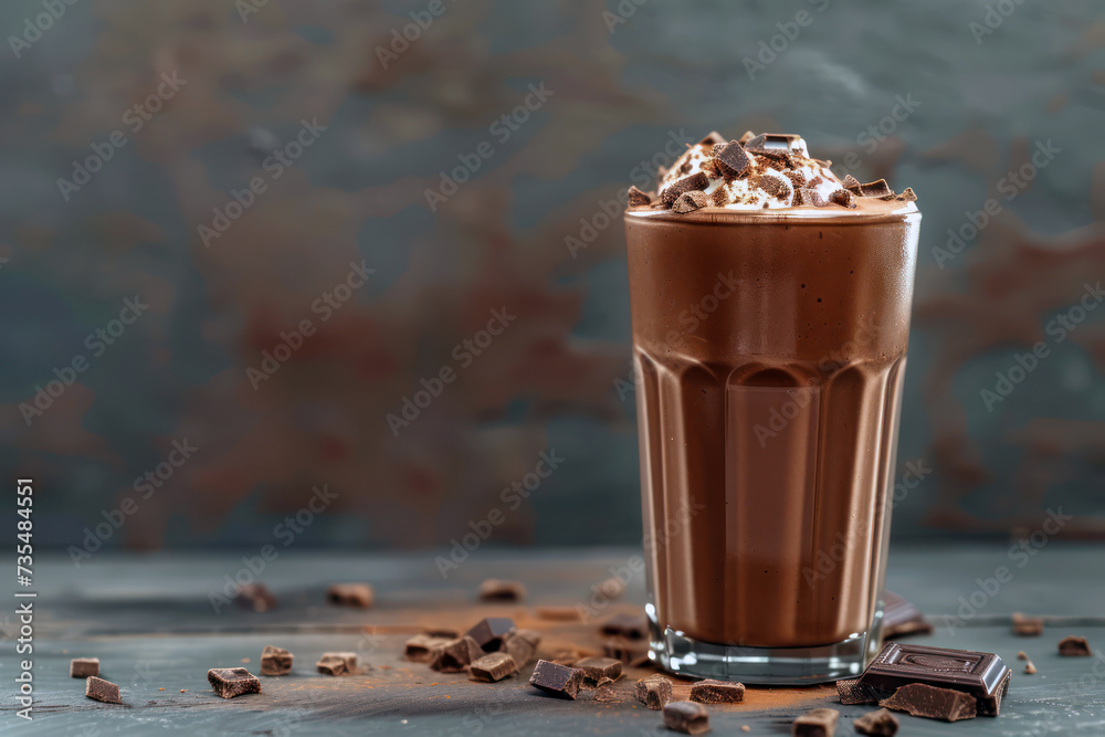 Decadent chocolate milkshake with whipped cream and cocoa topping Decadent chocolate milkshake with whipped cream and cocoa topping