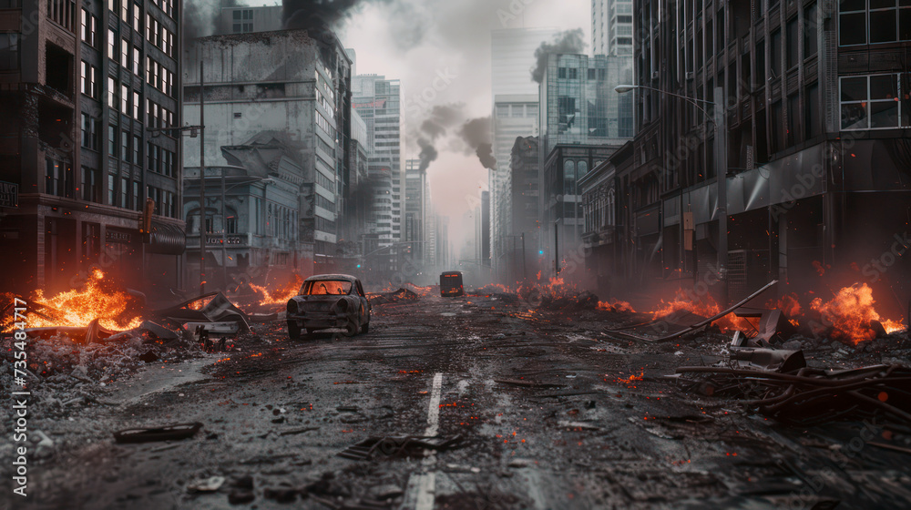 Apocalyptic city scene with fires and destroyed buildings