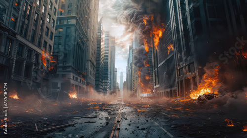 Apocalyptic city scene with fires and destroyed buildings photo