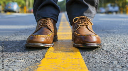 Person walking on asphalt road with brown leather shoes in natural landscape