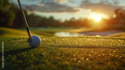 At sunset, with ample space for text, a golfer chips a golf ball onto the green using a golf club