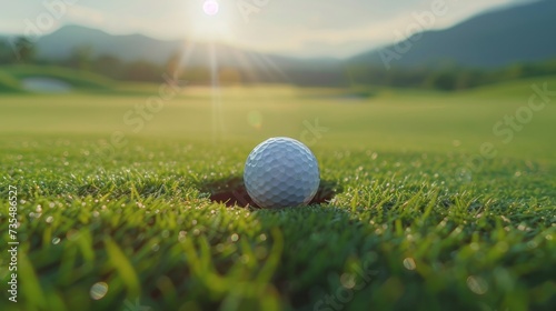 A lovely golf ball poised on the lip of a cup on a beautiful golf course photo