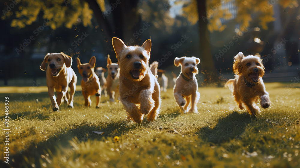 Playful corgis enjoying a fun run in a sunny park setting Playful corgis enjoying a fun run in a sunny park setting