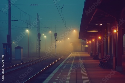 Railway station at night. Platform in fog.