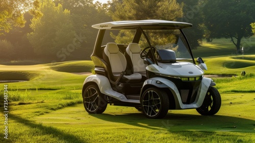 A golf cart traversing the golf course