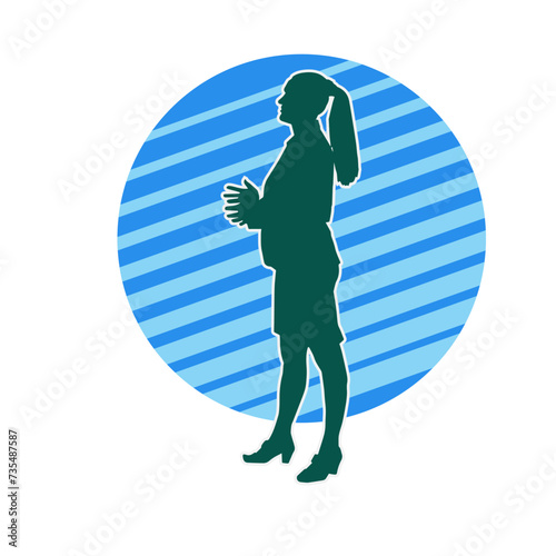Silhouette of a secretary or female office worker wearing formal business suit.
