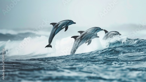 Energetic Dolphins Dancing in Ocean Spray AI Generated.