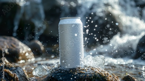 A drink from an aluminum can on top of a rock. Drink can for mockup graphic art on tropical background with natural light. photo