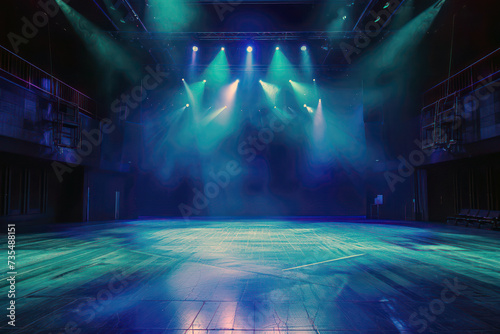 Dramatic stage with blue lights and smoke for live performance atmosphere