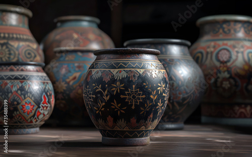 Elegant collection of traditional ornate ceramic vases in artisan craft display