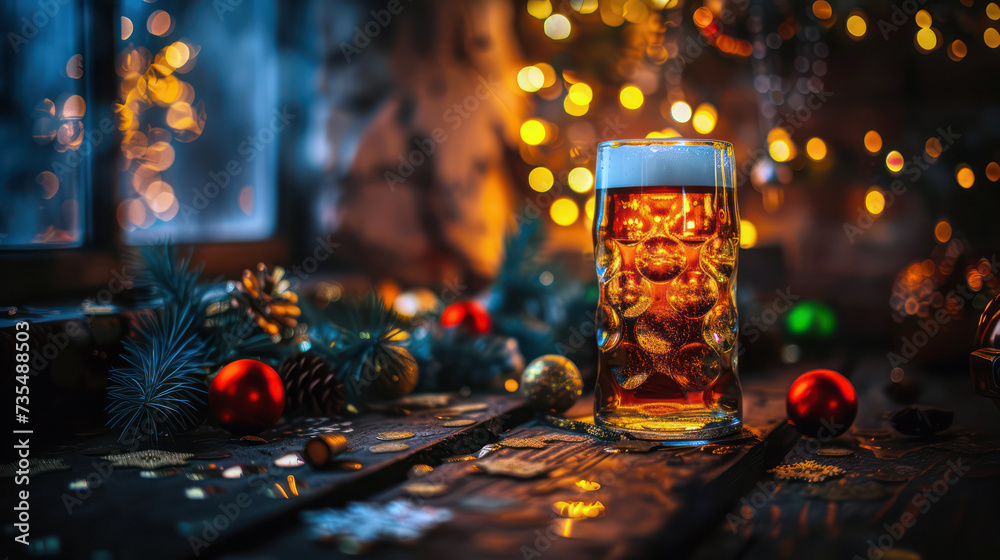 Cozy Christmas setting with dark beer glass by sparkling tree - obrazy, fototapety, plakaty 