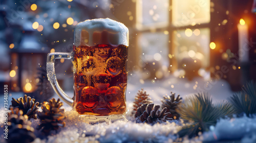 Frosty winter beer mug surrounded by pine cones and snow