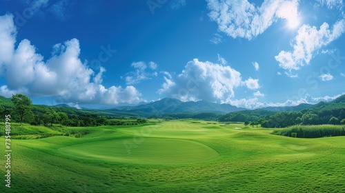 A panoramic vista of a golf course in Hokkaido  Japan  featuring a lush putting green amidst the stunning scenery of rich green turf