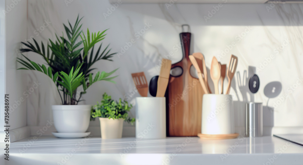 Modern minimalist kitchen with stylish white utensils and wooden accessories - obrazy, fototapety, plakaty 