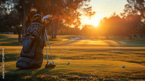 High-quality golf equipment set against the backdrop of a sunset on the golf course
