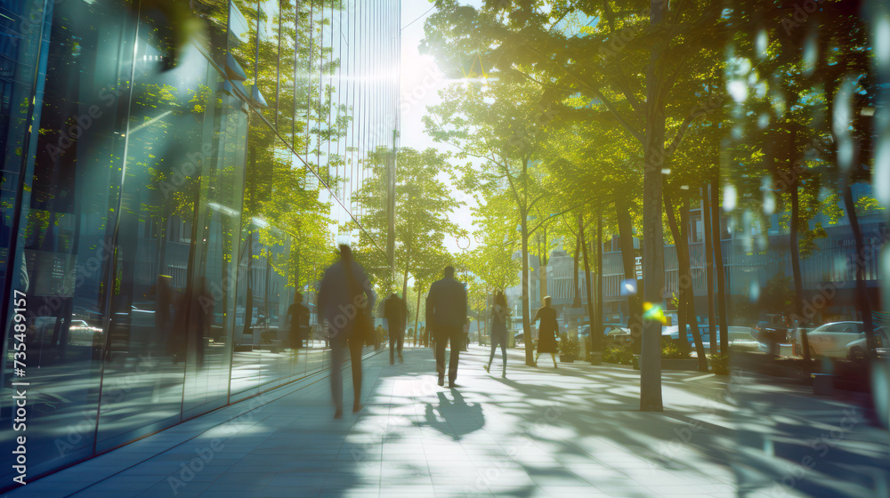 Blurred Motion of Business People Walking in Urban City Corridor