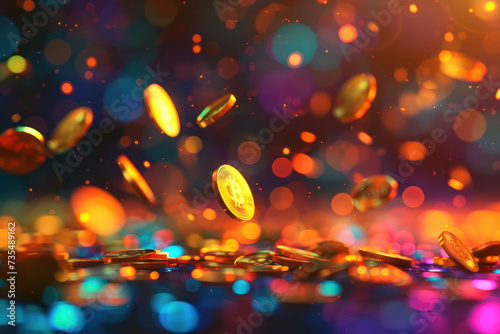 Golden bitcoin coins floating with sparkling bokeh lights background