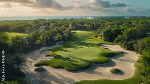 Sand bunkers strategically placed across the golf course of the Bahia Principe resort in Riviera Maya, Mexico photo