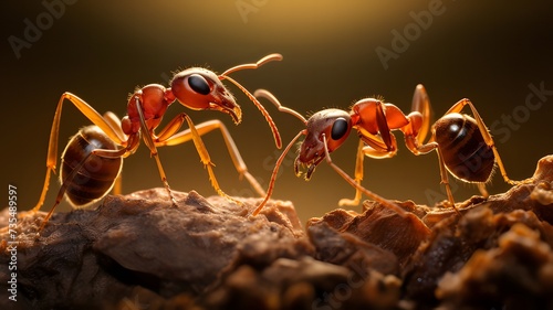 Detailed macro image of ants, illuminated by natural light on rich soil background © Andik