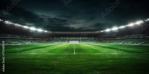 cinematic view of an empty stadium with perfect lawn and dramatic spotlights. 