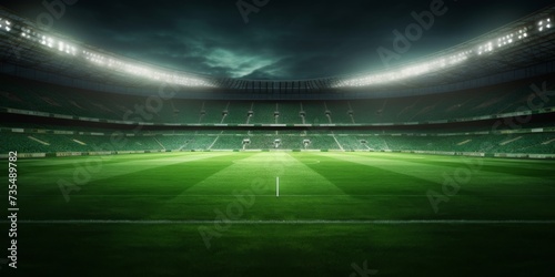 cinematic view of an empty stadium with perfect lawn and dramatic spotlights. 