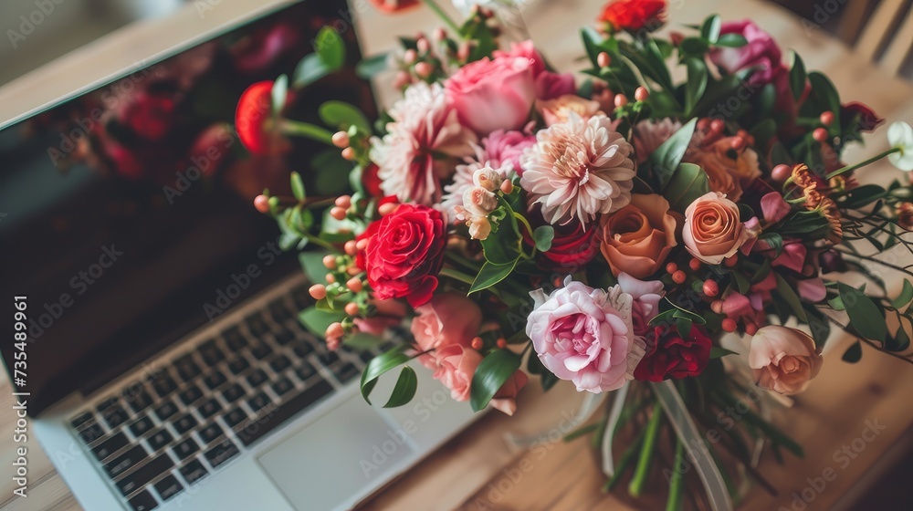 Obraz premium arrangement of laptop and bouquet of flowers. Everything is neatly organized and aligned to create a sense of order and professionalism.