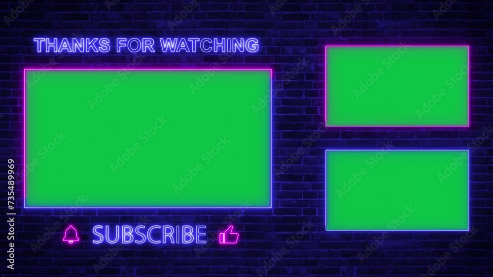 end screen template for youtube channel 4k loop animation, neon lights frames and icons on green screen, thanks for watching and subscribe